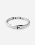 Silver promise ring with 'PROMISE' engraving and black cross detail