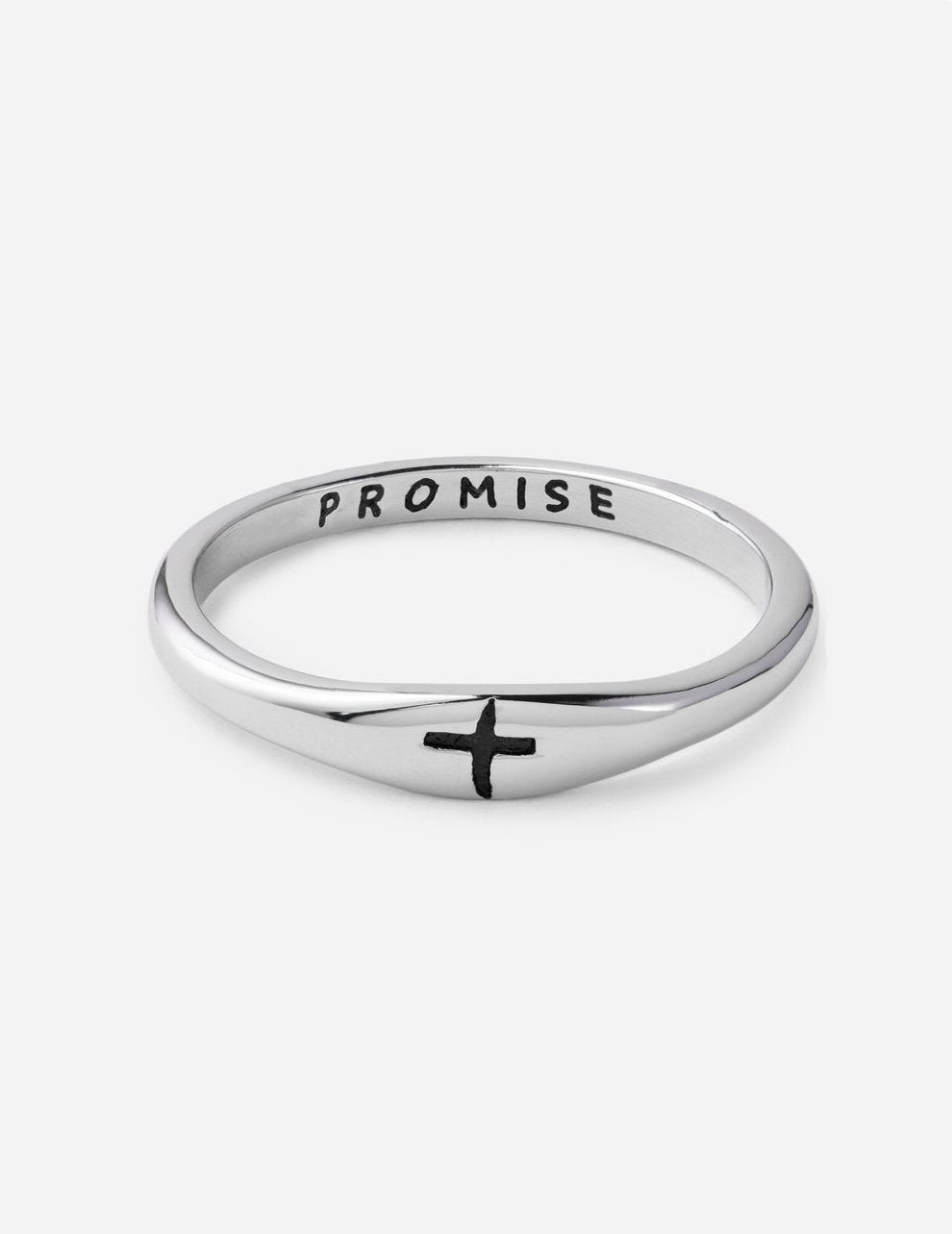 Silver promise ring with 'PROMISE' engraving and black cross detail
