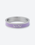 Lavender enamel ring with silver band and 'GAV' logo