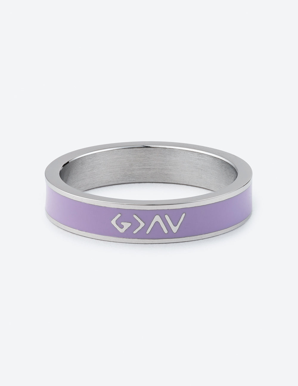 Lavender enamel ring with silver band and 'GAV' logo