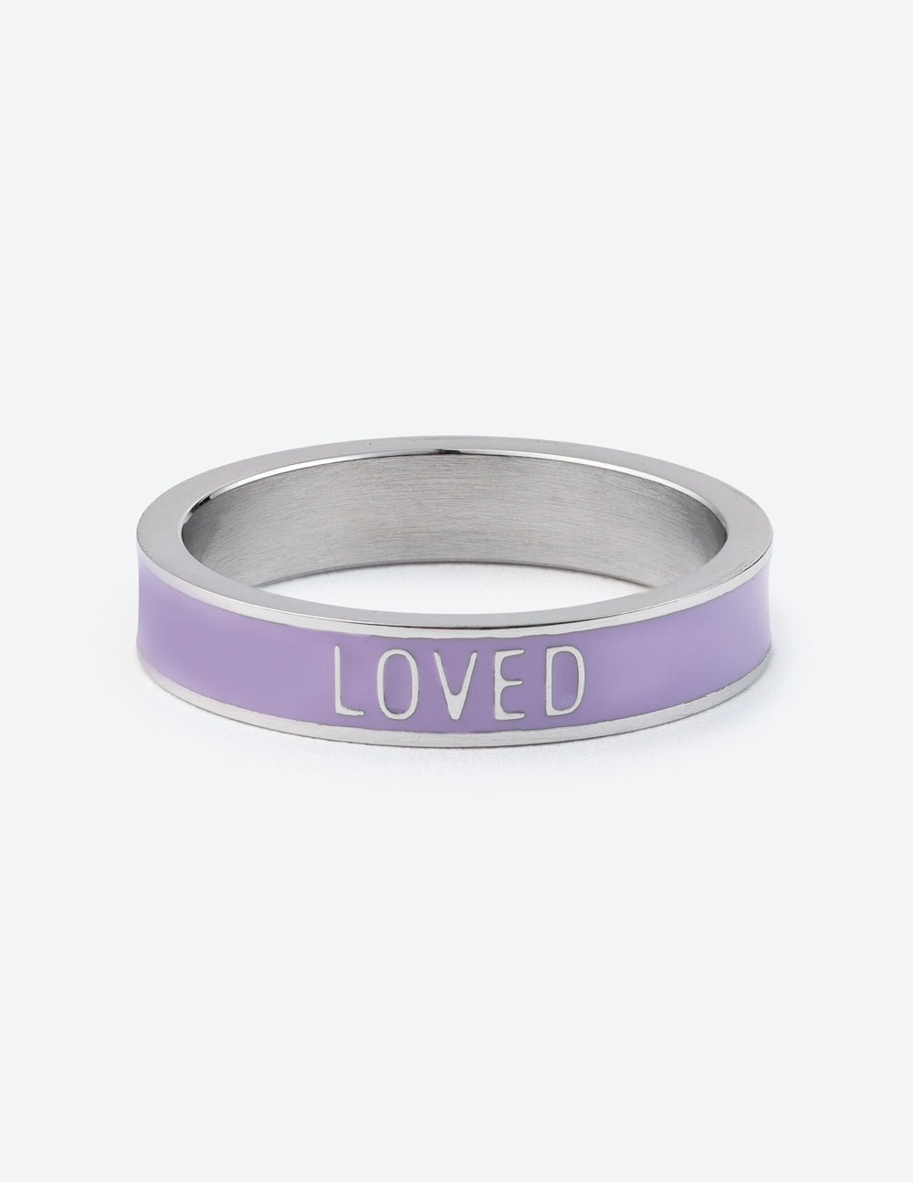 Lavender enamel ring with silver metal edges and the word LOVED across the band