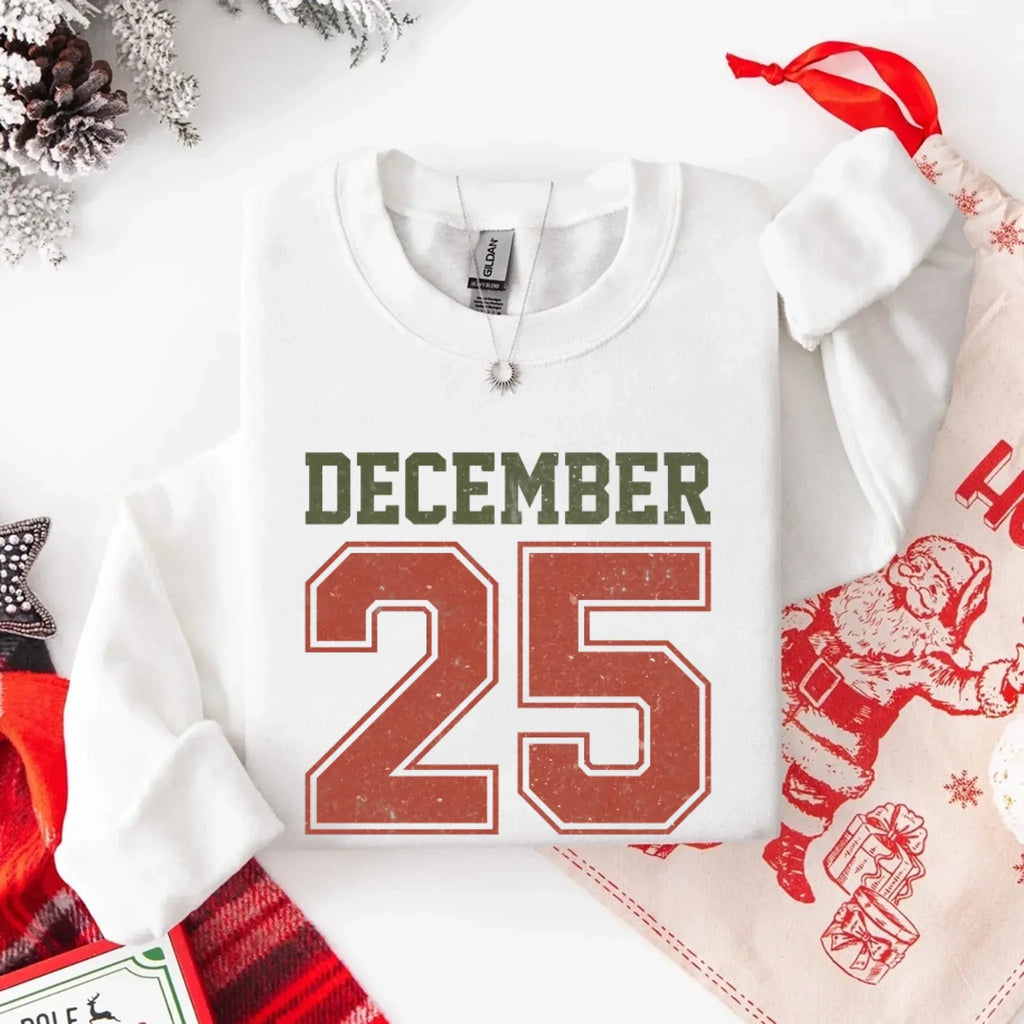 White crewneck sweatshirt with retro 'DECEMBER 25' front print, long sleeves