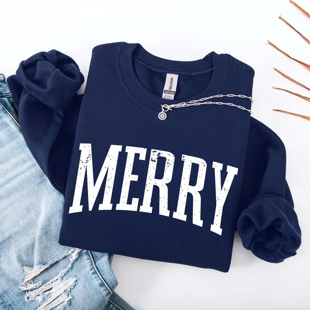 Women’s holiday sweatshirt in navy with “MERRY” front graphic and crewneck buttons