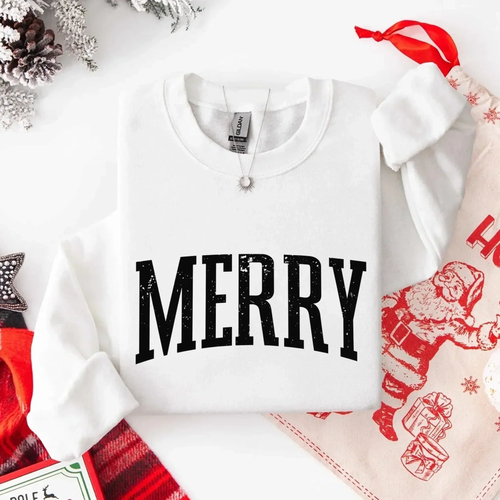 White crewneck sweatshirt with bold black "MERRY" graphic