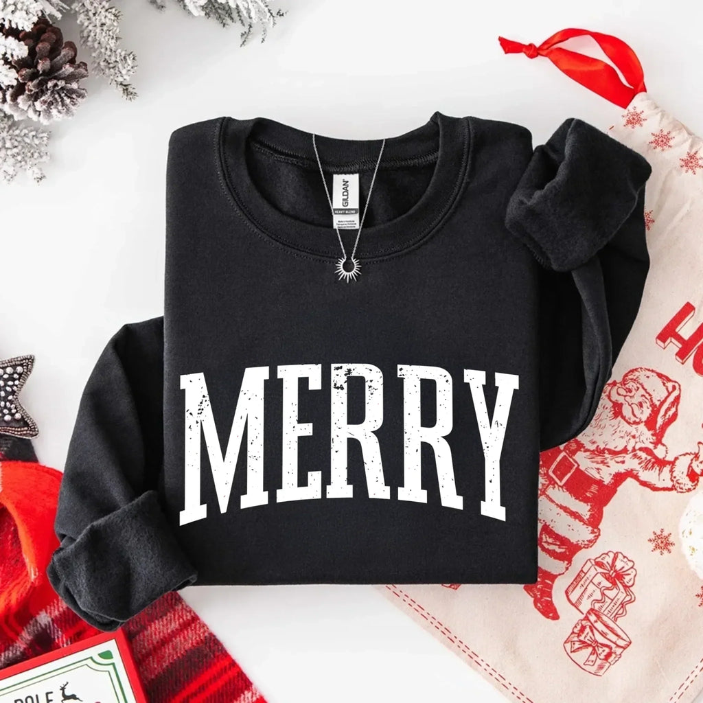 Black crewneck sweatshirt with large white "MERRY" graphic