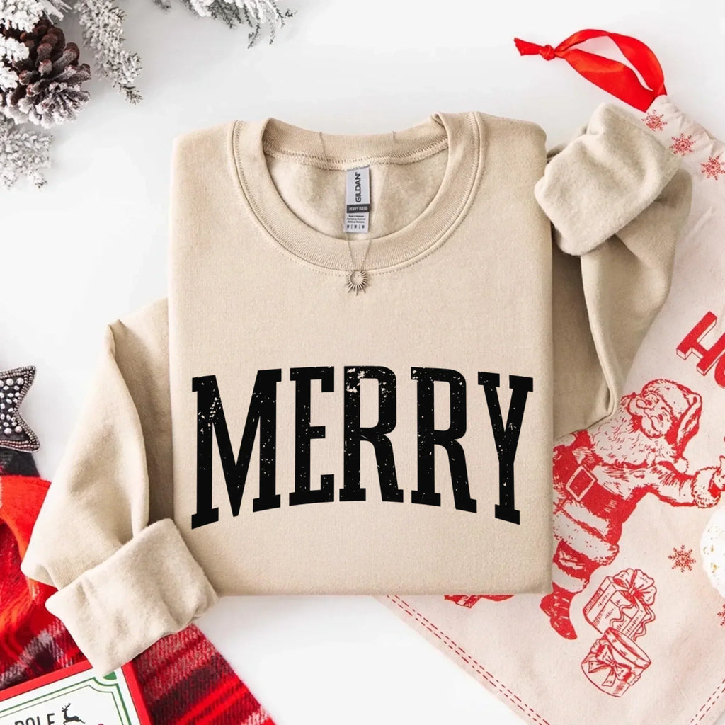 Sand crewneck sweatshirt with bold black "MERRY" graphic