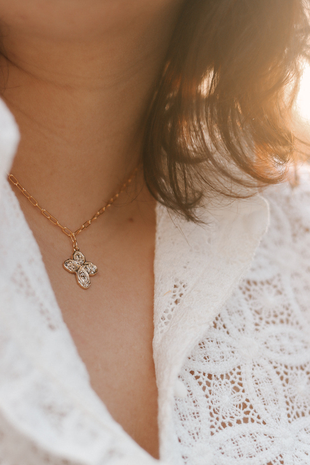 Gold cross necklace with paperclip chain, four-way cross pendant with clear stones