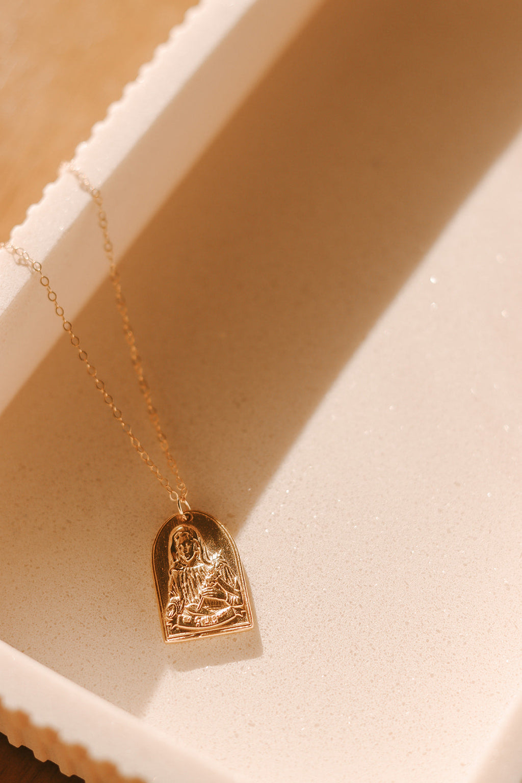 Gold St. Catherine of Sweden pendant necklace with engraved seated saint heart pendant