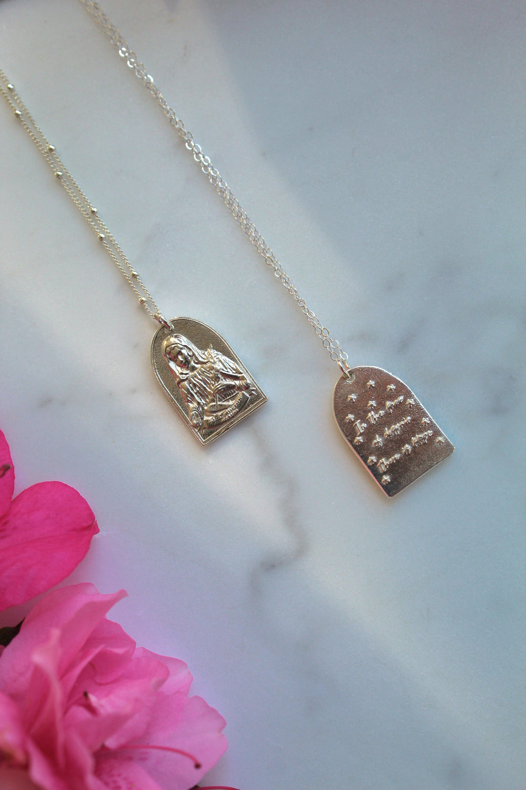 Sterling silver Saint Catherine pendant necklace with two small teardrop charm pendants