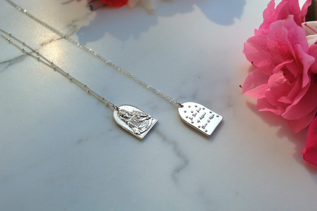 Sterling silver Saint Catherine pendant necklace pair with arched charm pendants