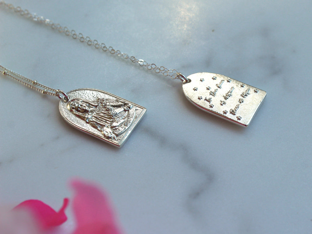 Sterling silver Saint pendant necklace pair with oval pendants and fine chains