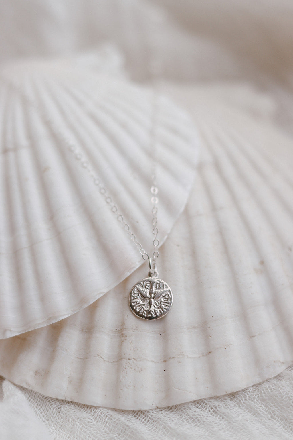 Sterling silver necklace with round Holy Spirit pendant and delicate chain