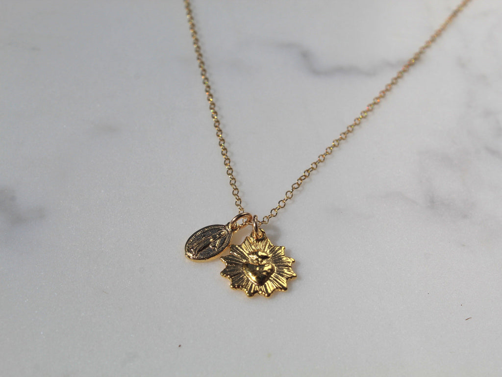 Gold-tone sacred heart and Miraculous Medal charms pendant on fine chain