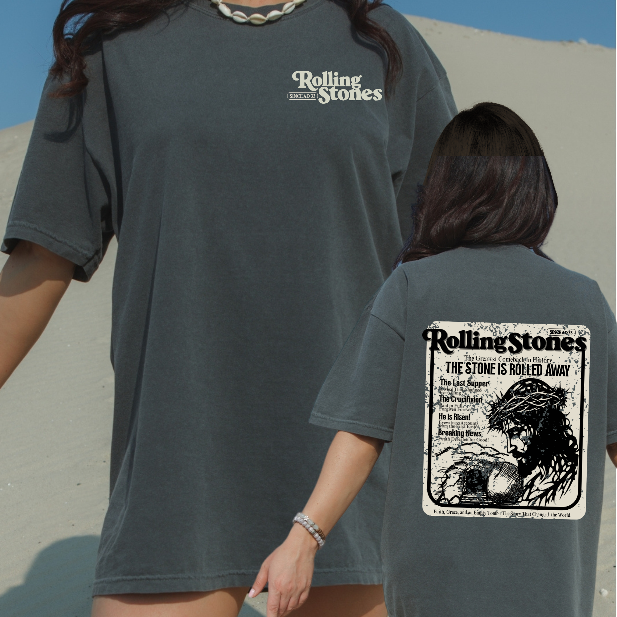 Dark gray Rolling Stones T-shirt with small chest logo and large back graphic