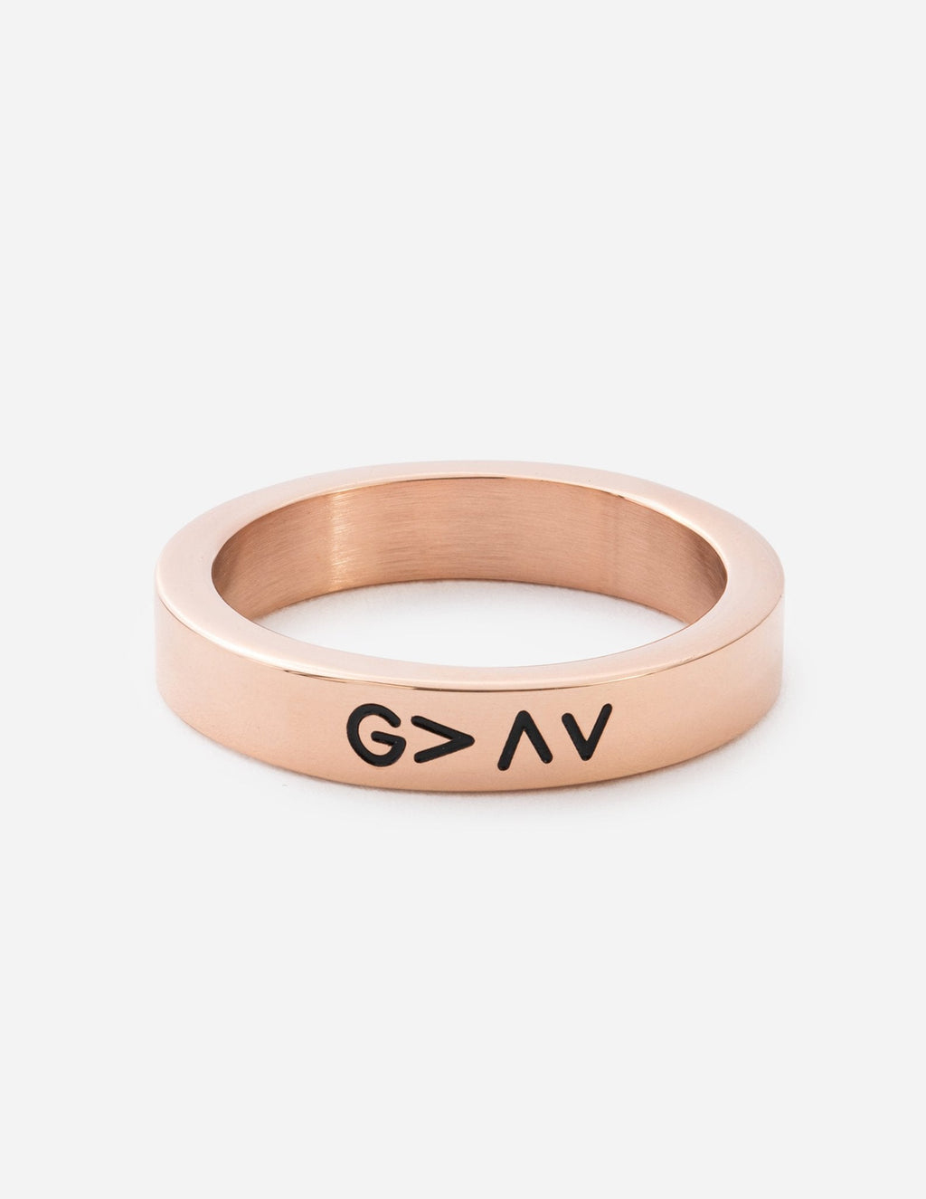 Rose gold high-low ring with engraved G>AV band
