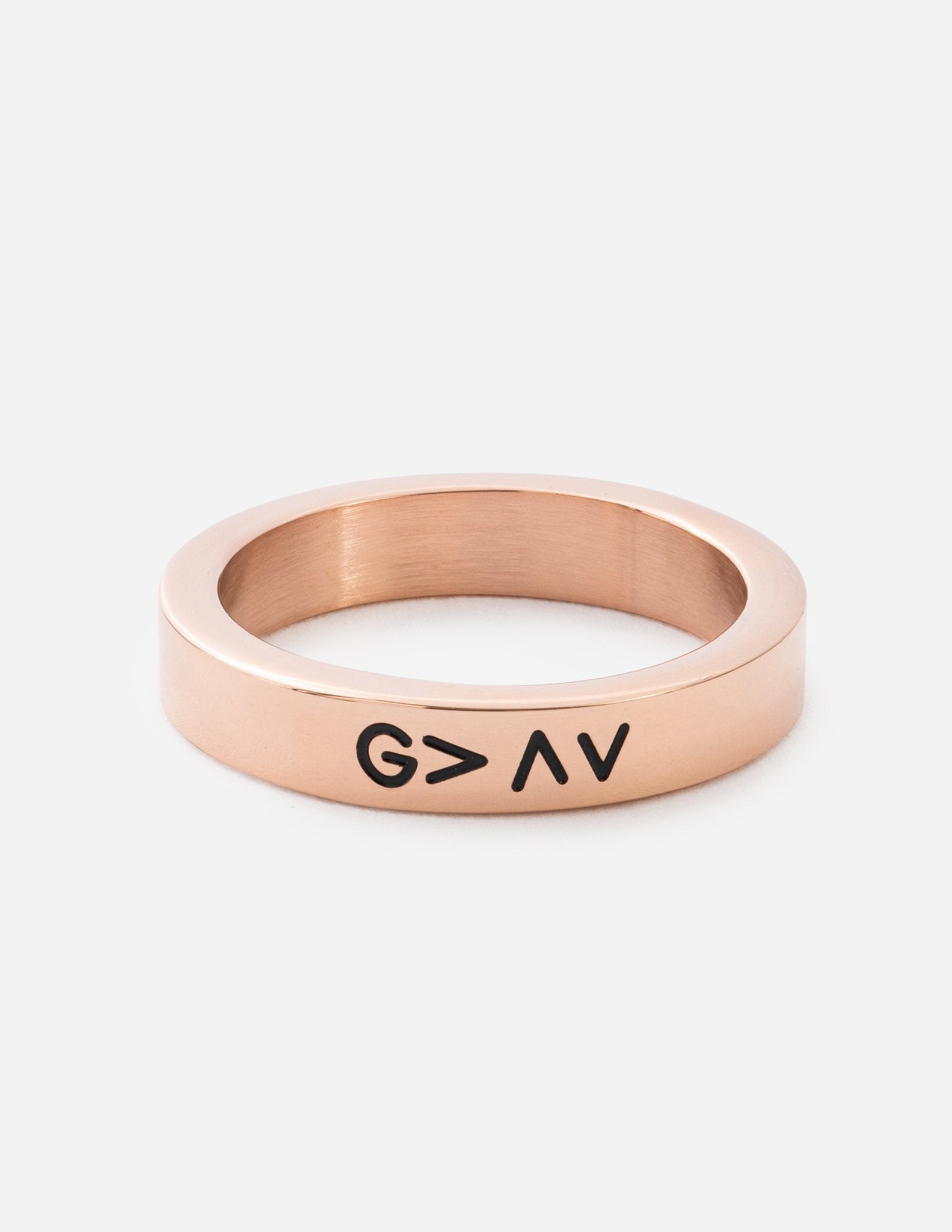 Rose gold high-low ring with engraved G>AV band