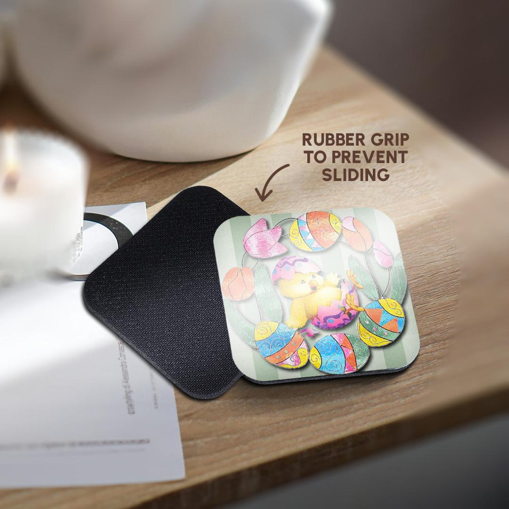 Square coaster with dark backing and Easter chick, colorful eggs and tulips design