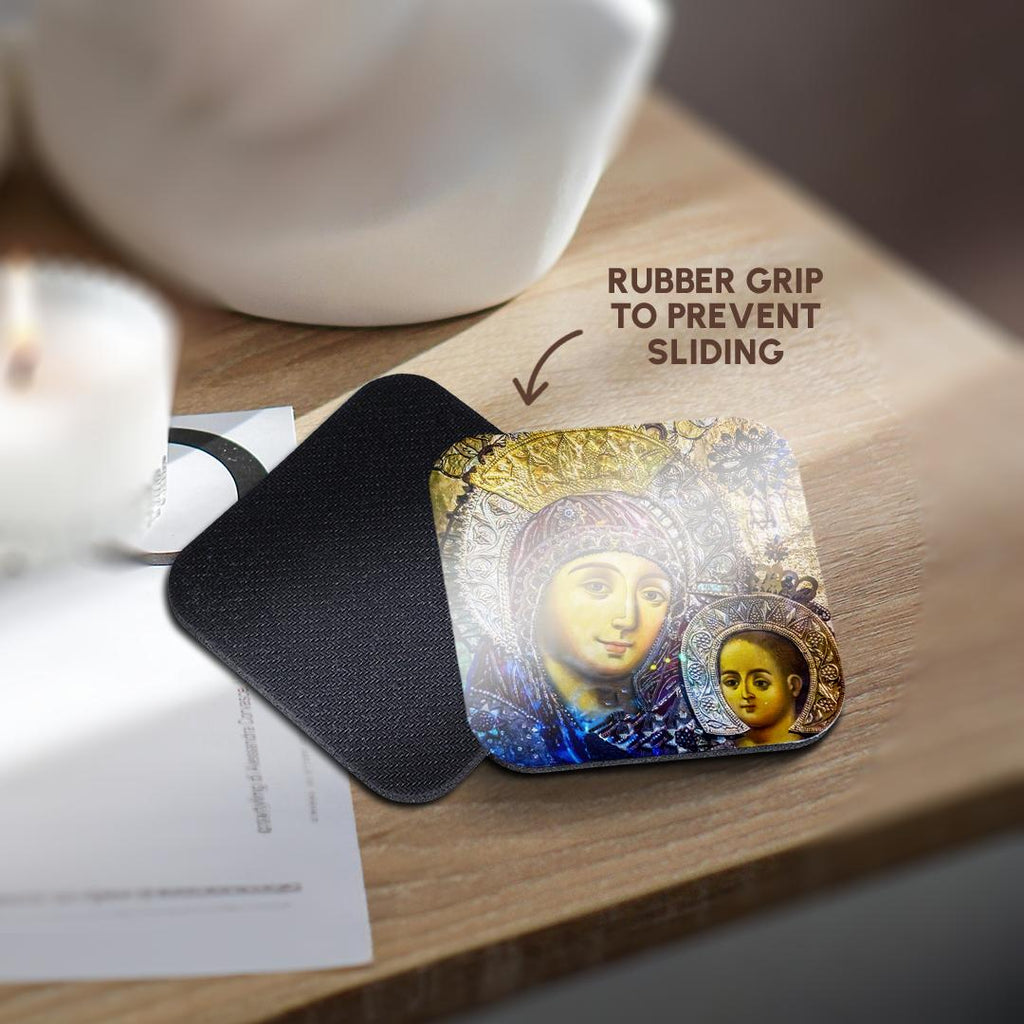 Heart coaster with Mary and Jesus icon artwork on dark non-slip backing