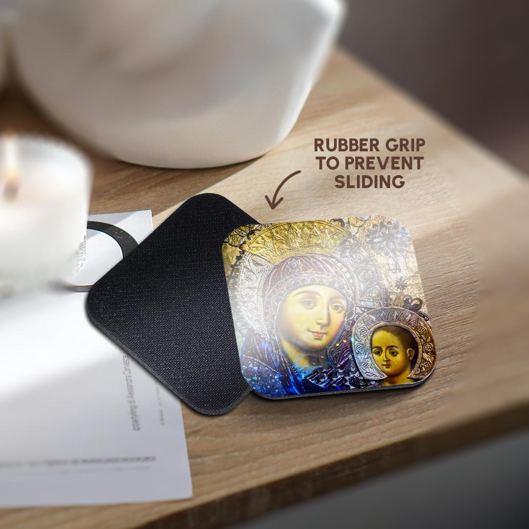 Heart coaster with Mary and Jesus icon artwork on dark non-slip backing