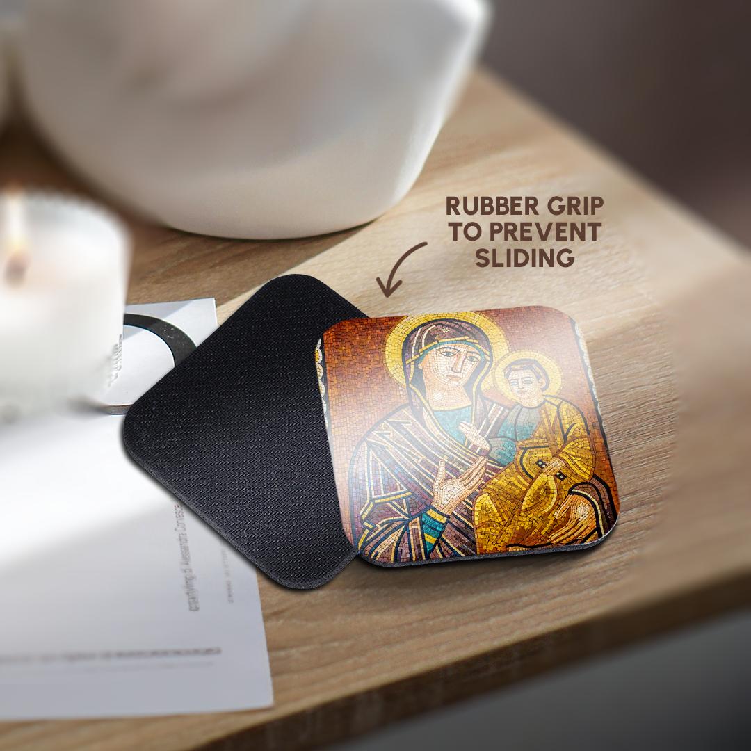 Square mosaic coaster with Mary holding baby Jesus and black non-slip backing