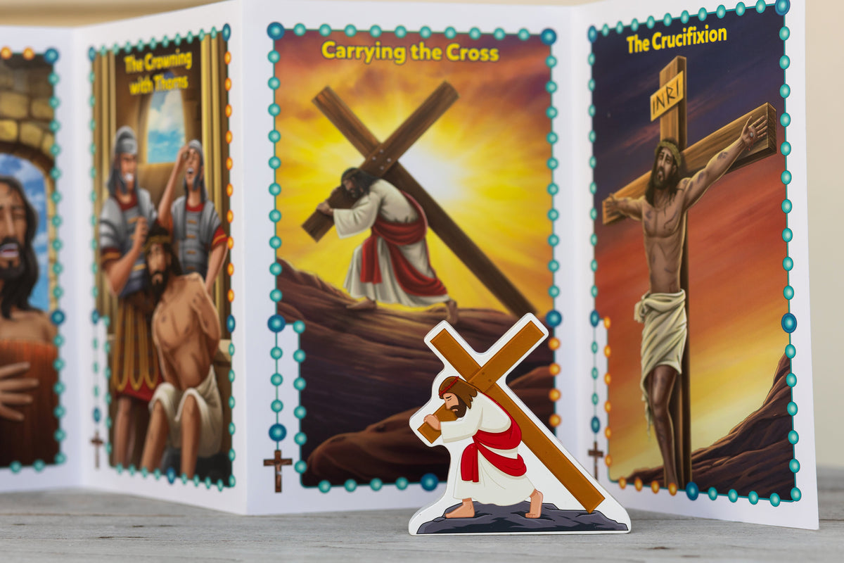 Three illustrated faith cards with carrying the cross and crucifixion, plus small cross cutout