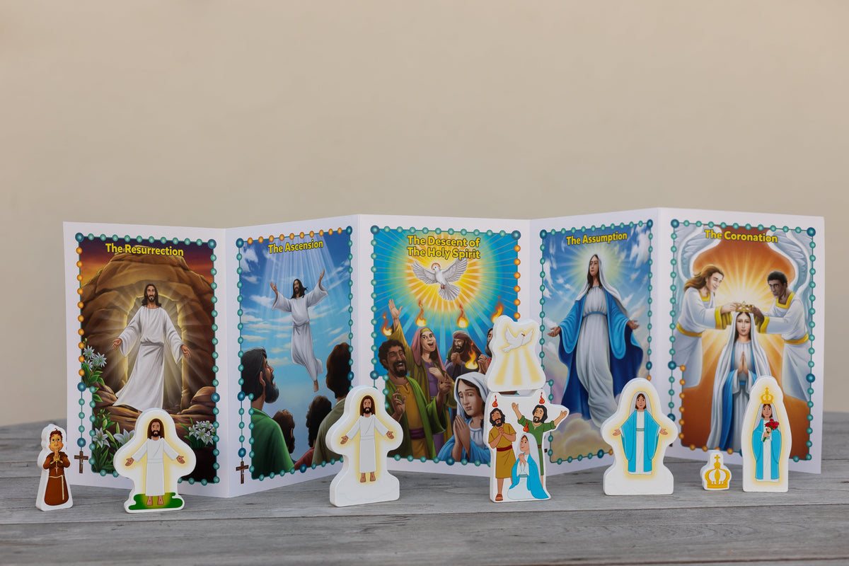 Deluxe rosary play set with illustrated religious card panels and small standing figure pieces
