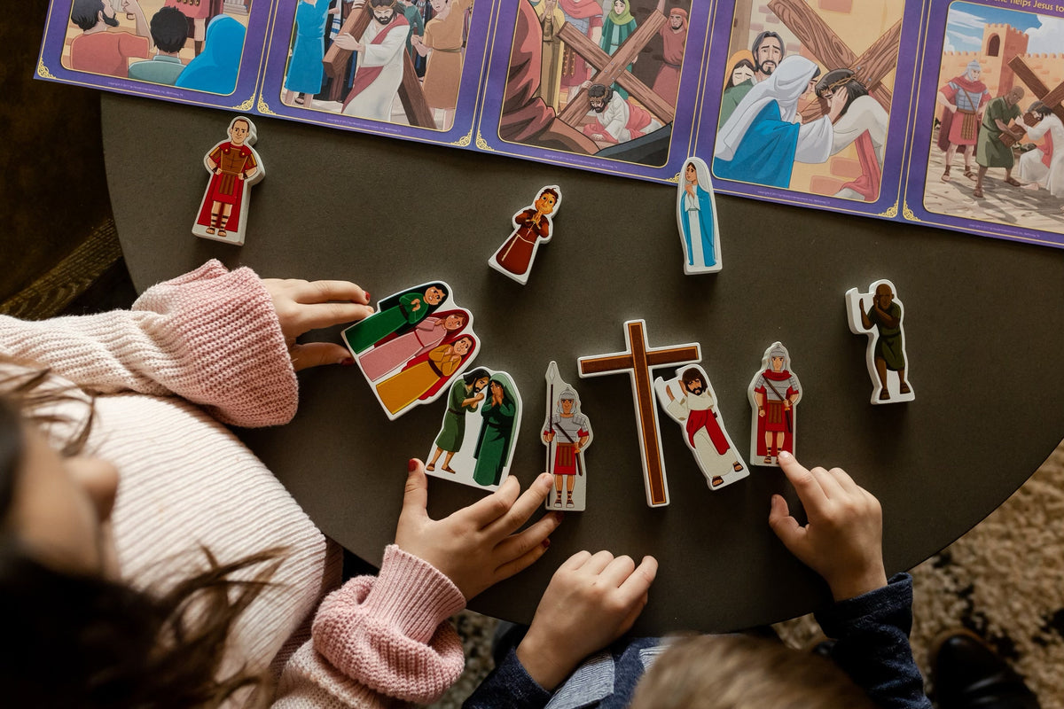 Stations of the Cross pray & play set on fabric with character and cross pieces