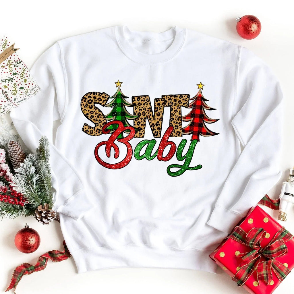 White sweatshirt with Santa Baby graphic and leopard trees, long sleeves
