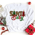 White sweatshirt with Santa Baby graphic and leopard trees, long sleeves