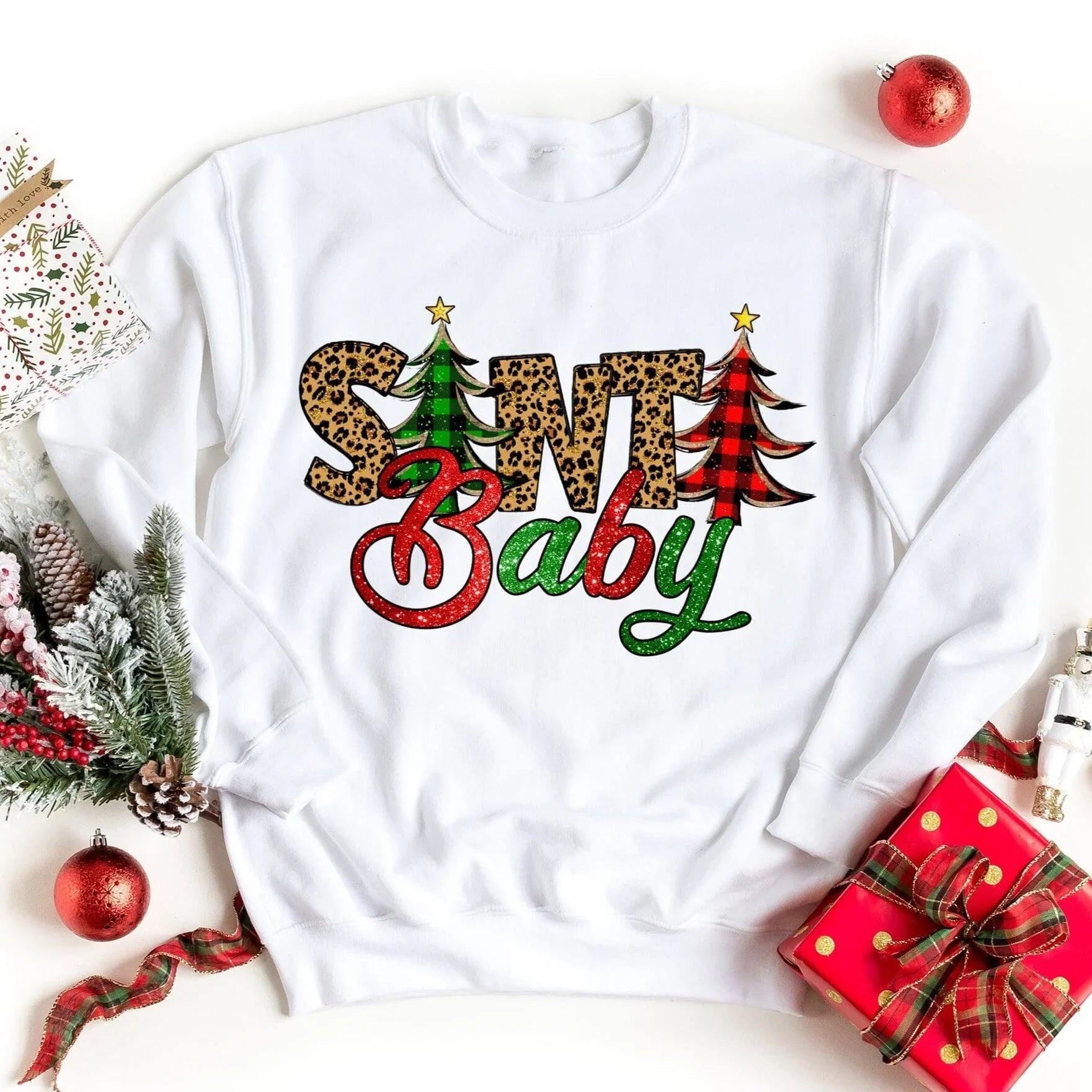 White sweatshirt with Santa Baby graphic and leopard trees, long sleeves