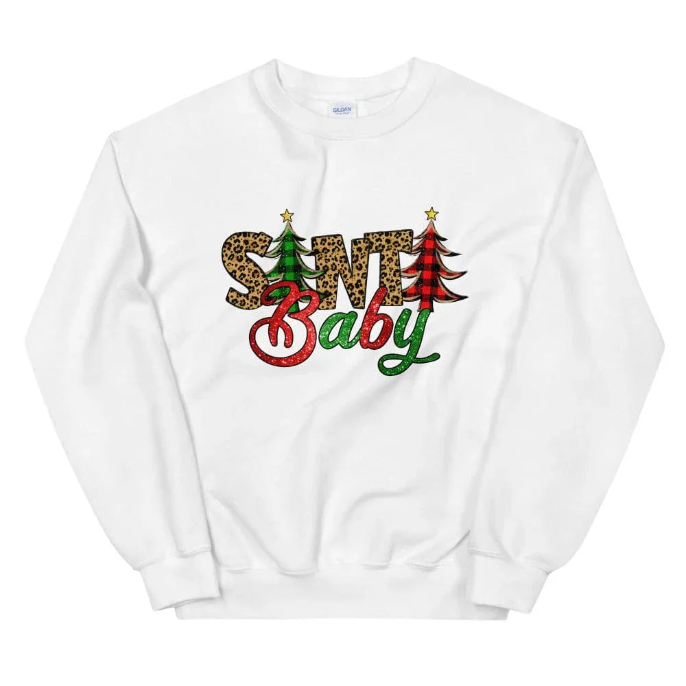 White crewneck sweatshirt with Santa Baby logo graphic, long sleeves