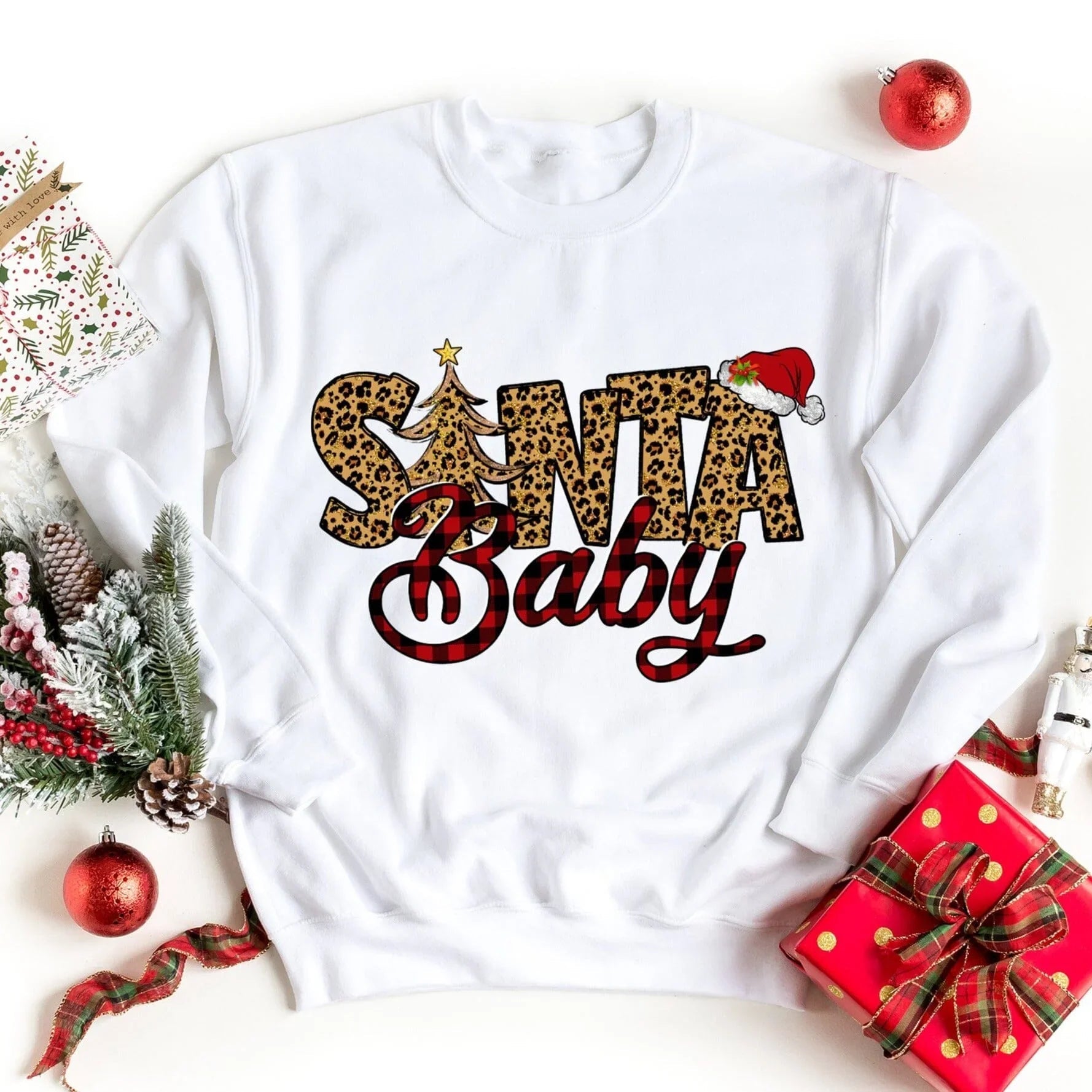 White sweatshirt with leopard-print Santa Baby graphic on front