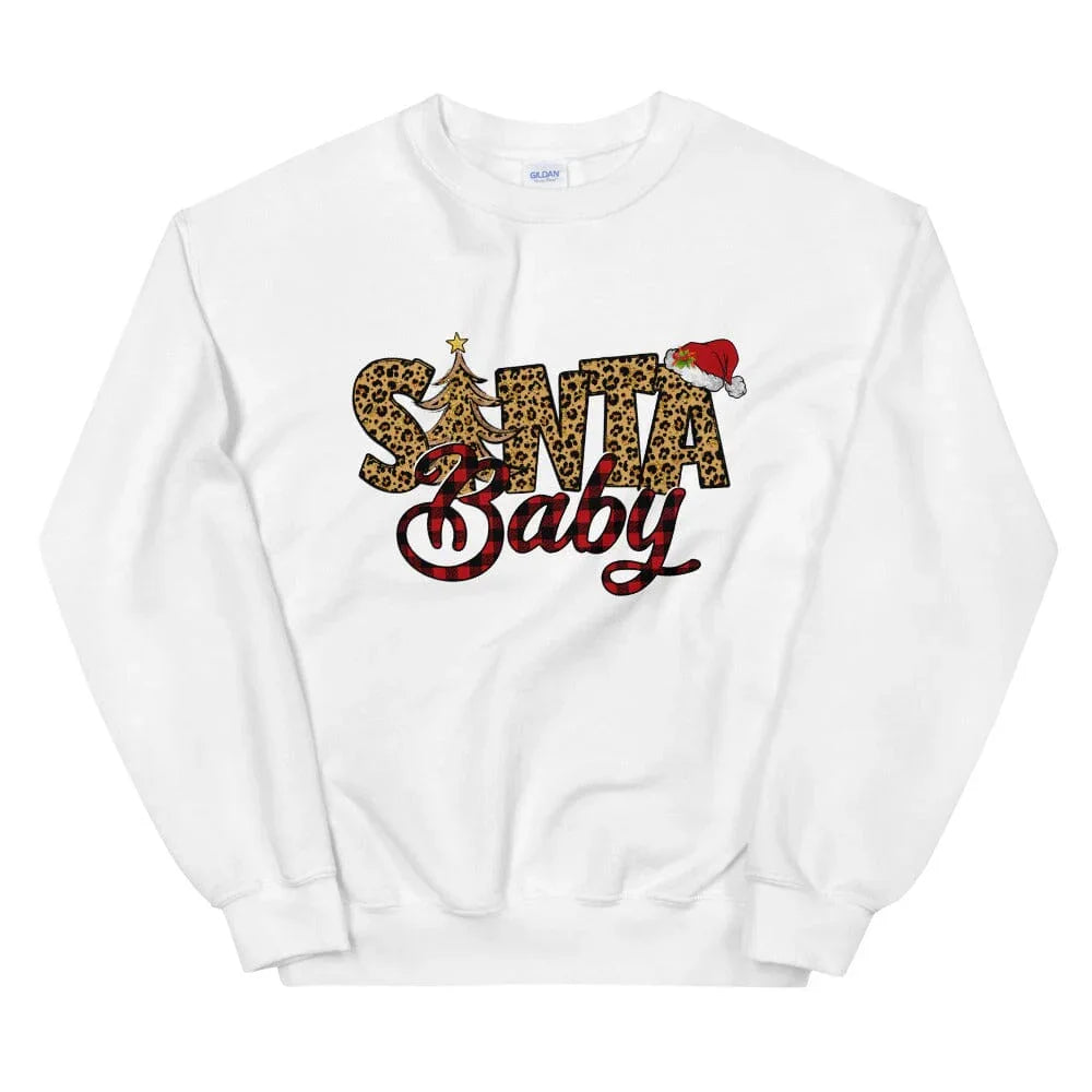 White crewneck sweatshirt with Santa Baby graphic in leopard print