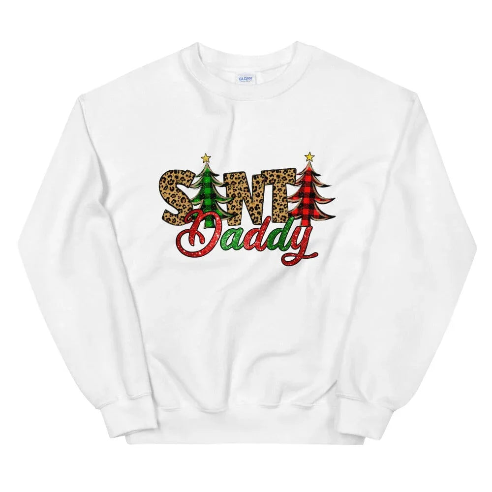 White crewneck sweatshirt front with 'Santa Daddy' graphic and leopard-print letters
