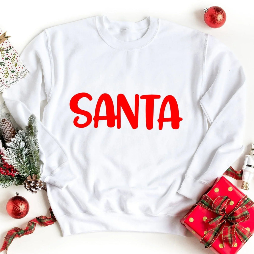 White sweatshirt with large red SANTA logo on the front