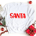 White sweatshirt with large red SANTA logo on the front
