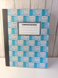 Blue composition book with prayer-themed typographic cover and ruled writing lines