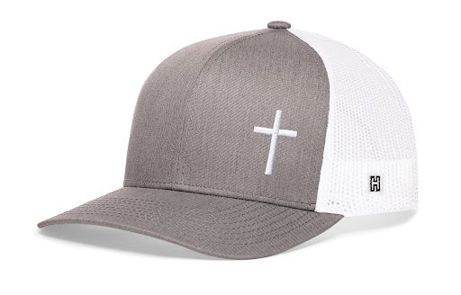 Gray trucker snapback cap with white cross on front, white mesh sides, snapback.