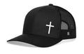 Black trucker snapback cap with white cross on front, mesh sides, snapback.