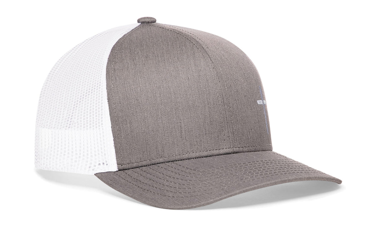 Gray front trucker snapback cap with white mesh sides and small H logo, snapback.