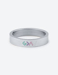 Silver enamel ring with multicolor logo inset on smooth silver band