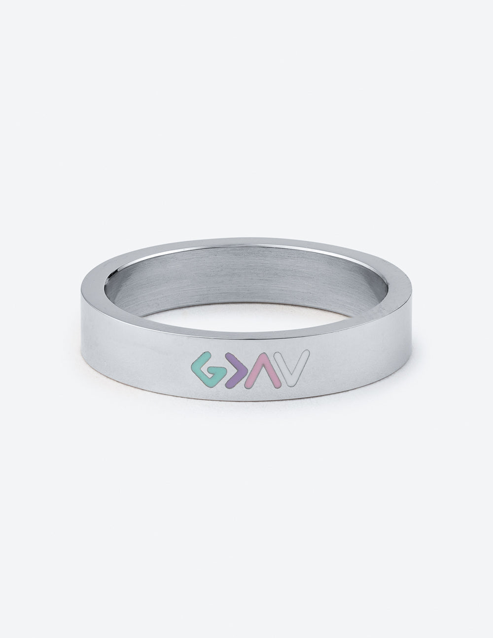 Silver enamel ring with multicolor logo inset on smooth silver band