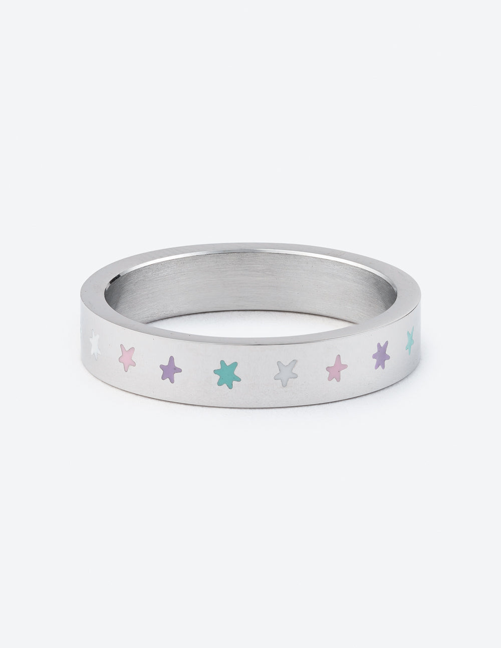Silver ring band with pastel star icons around the outside