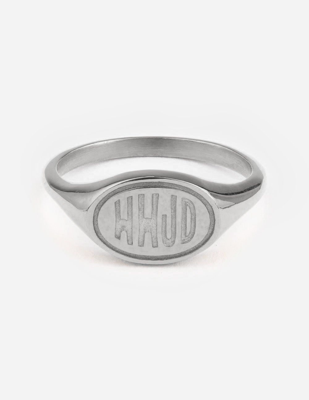 Silver signet ring with oval WWJD engraving on top