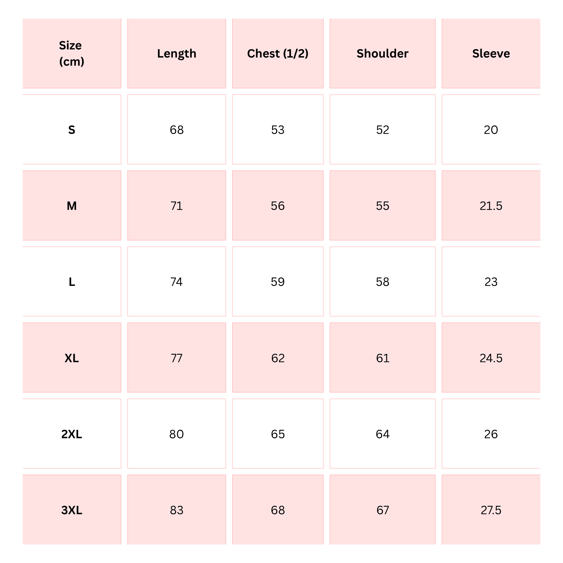 T-shirt size chart showing S–3XL length, chest, shoulder, and sleeve measurements