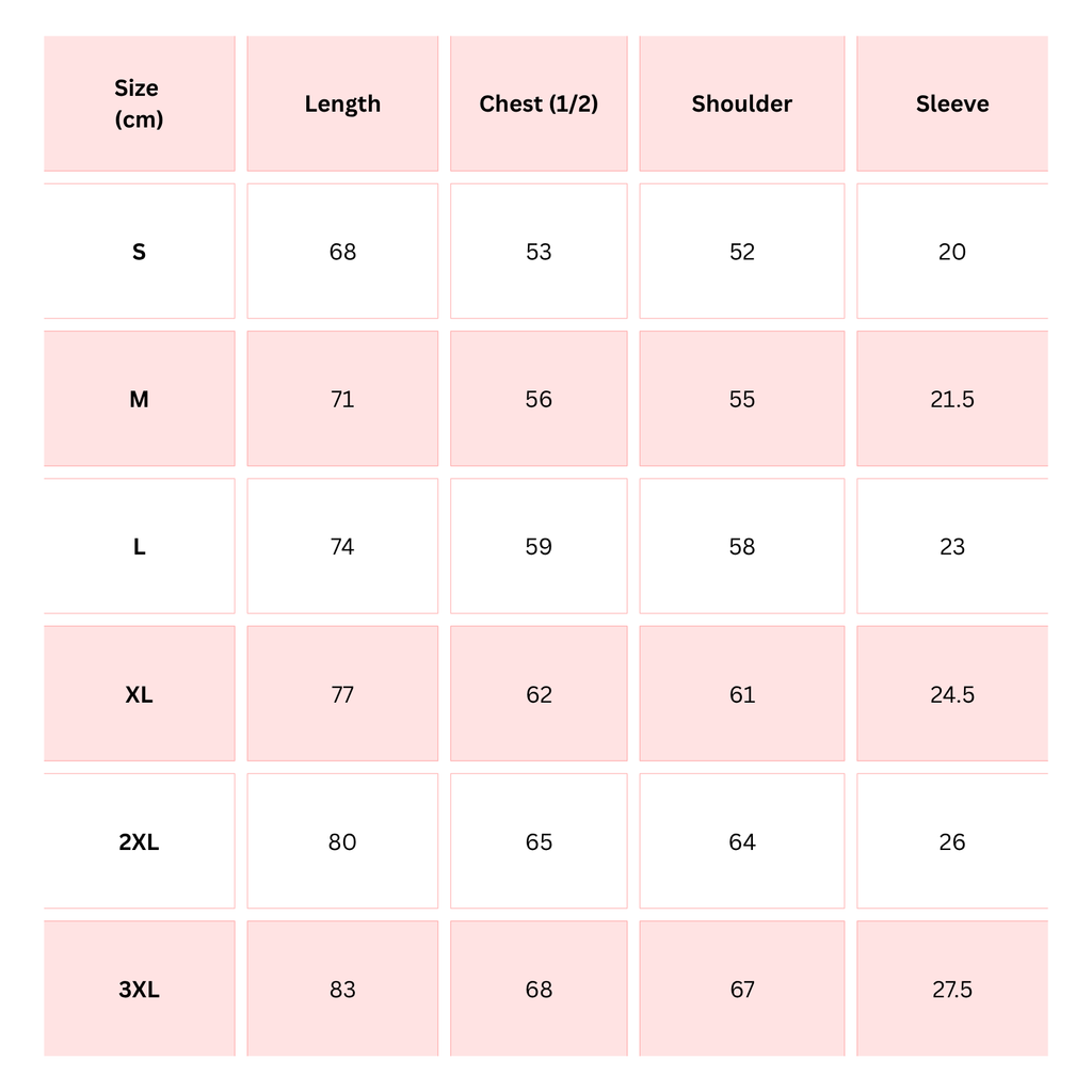 Size chart for T-shirt: length 68–83 cm, chest 53–68 cm, sleeve 20–27.5 cm