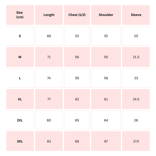 Size chart for T-shirt: length 68–83 cm, chest 53–68 cm, sleeve 20–27.5 cm