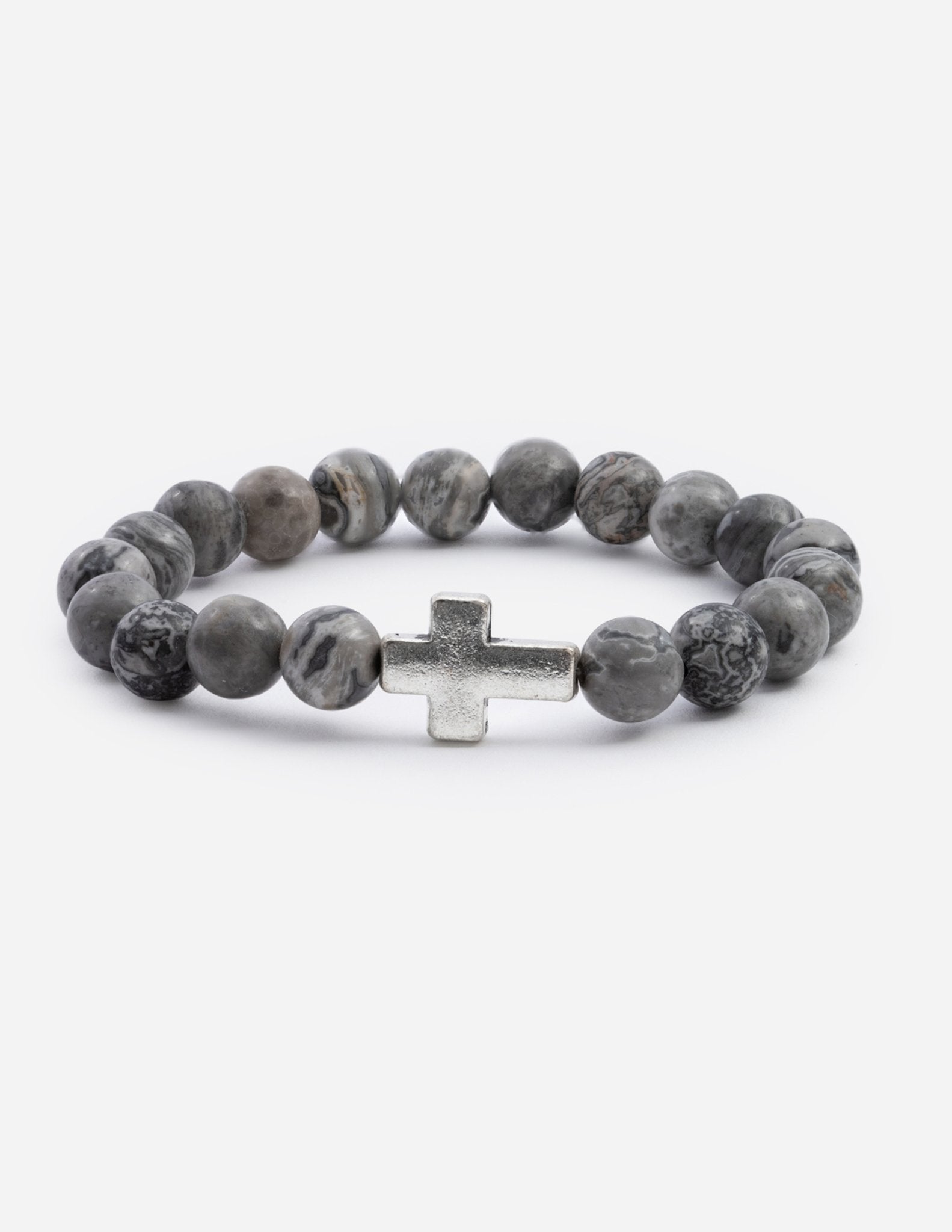 Slate grey beaded bracelet with silver cross charm