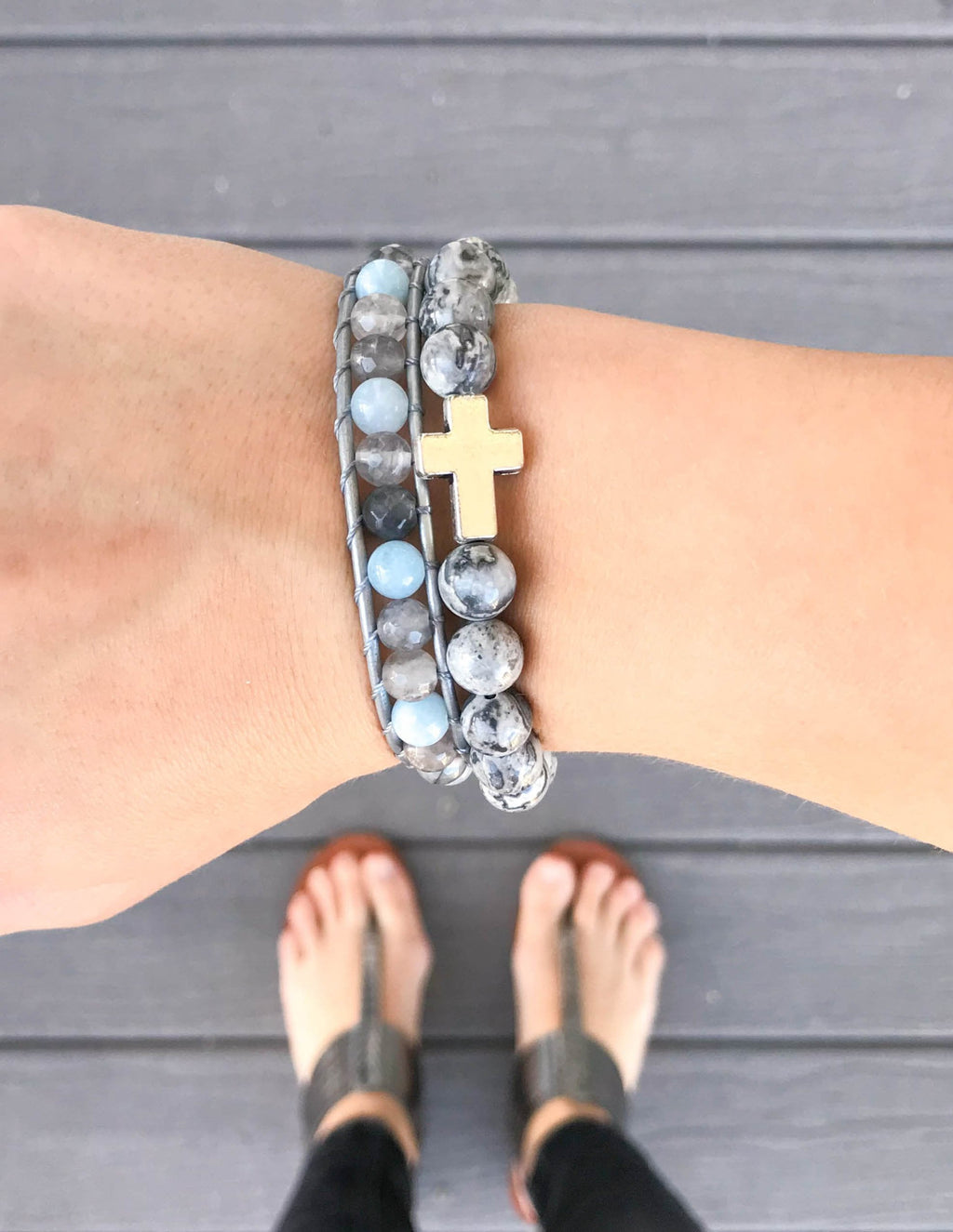 Slate grey beaded bracelet with metal cross charm