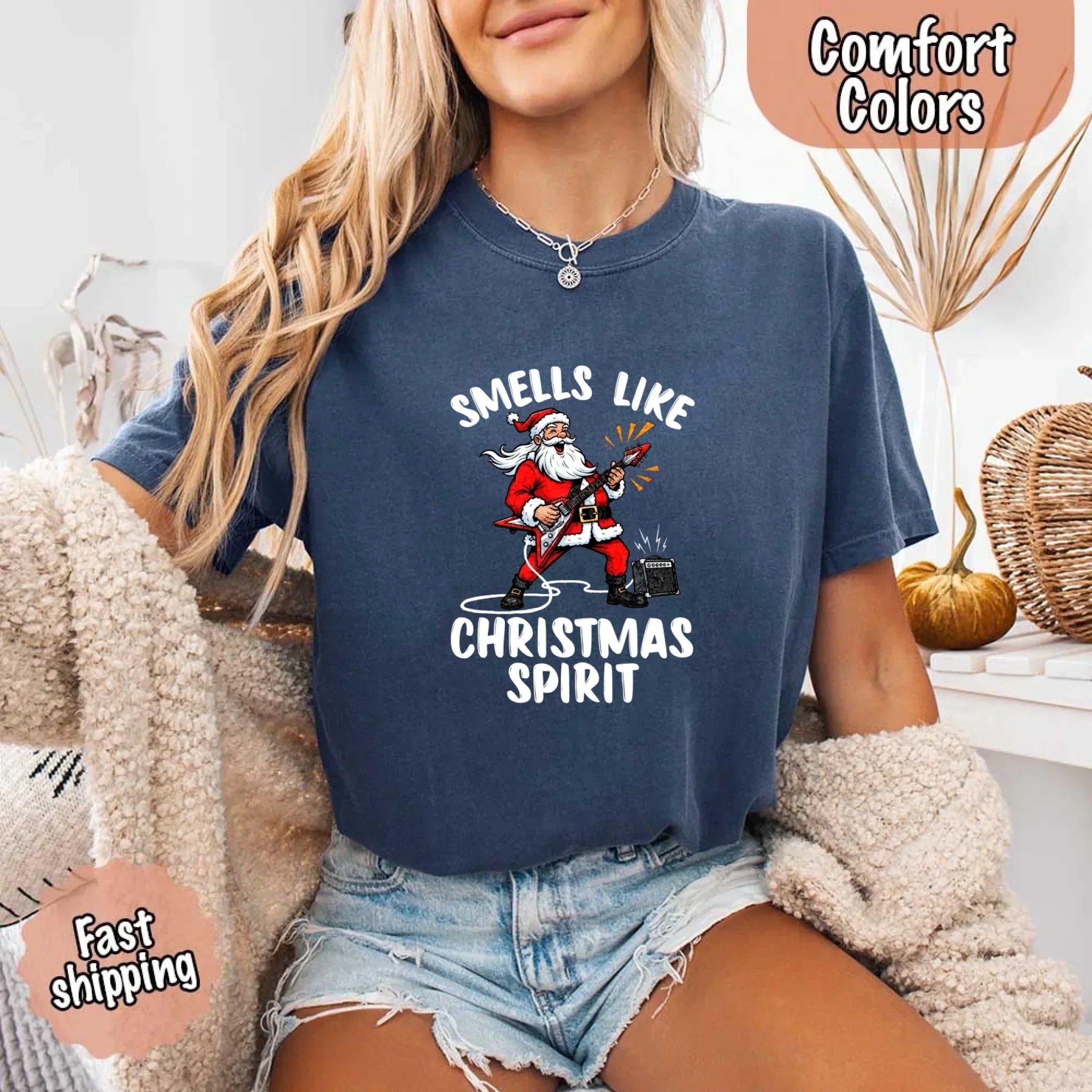Navy blue T-shirt with Santa graphic and 'Smells Like Christmas Spirit' print